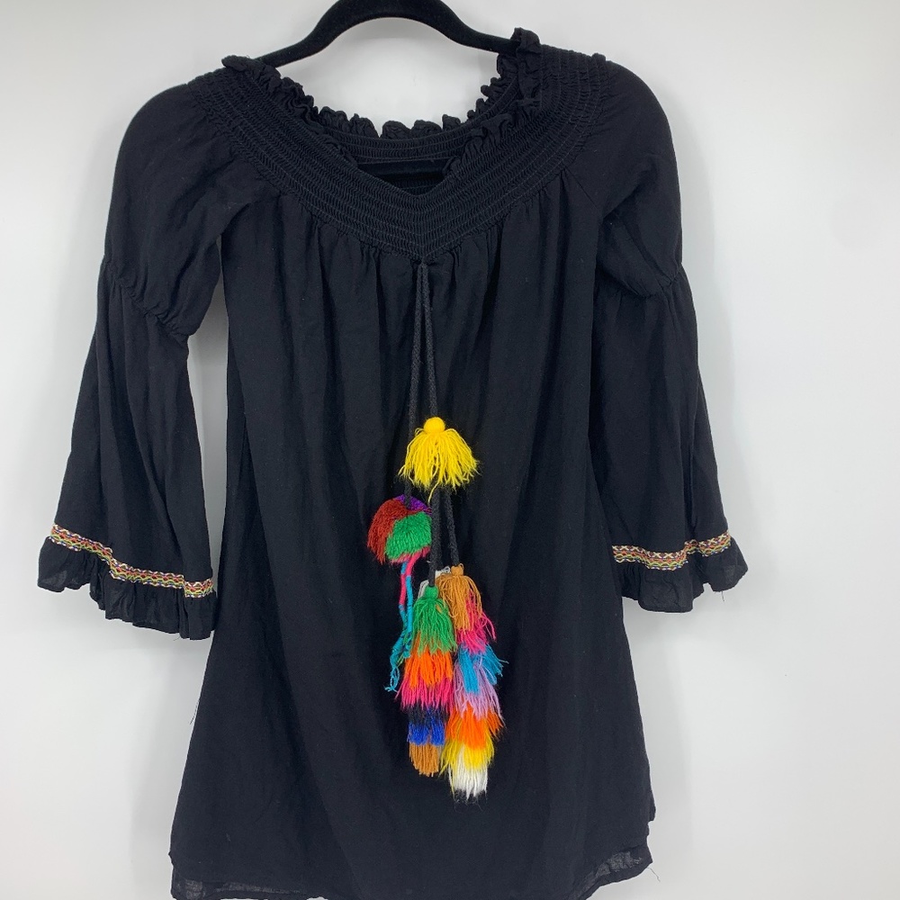 Tea & Cup top small tunic blouse boho pom poms